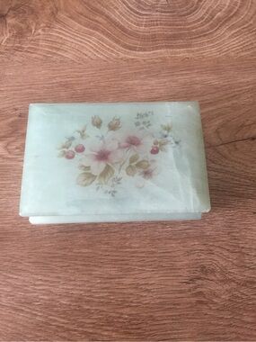 Floral Carved Stone Trinket Box in Pale Green